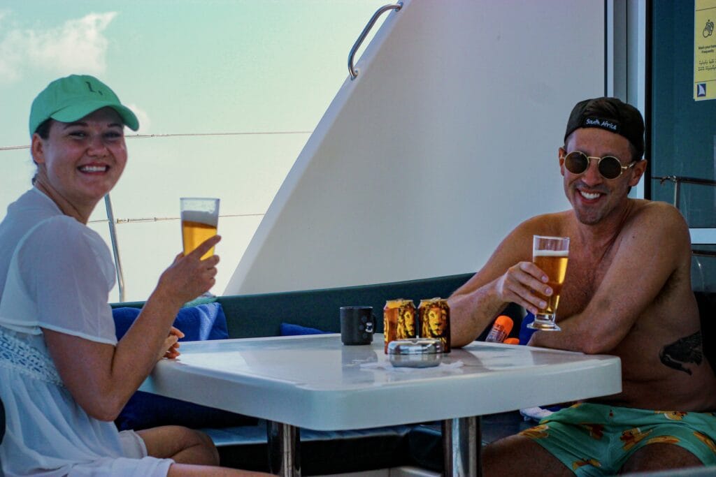 Elegant dining area inside the Sabba White Sand Catamaran, perfect for private dinners on the water.