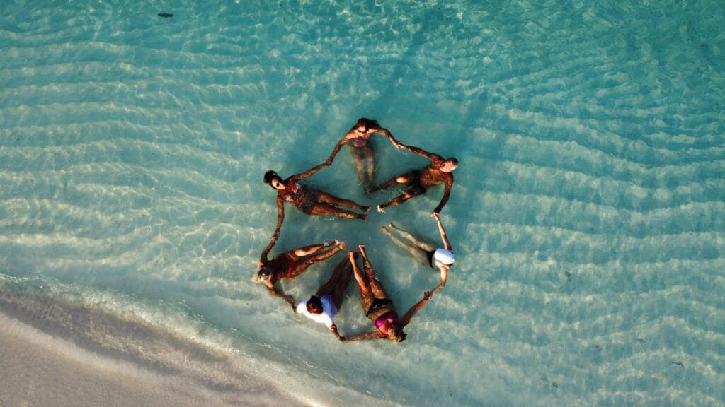 Aerial view of the secluded sandbank near Fodhdhoo, Maldives.