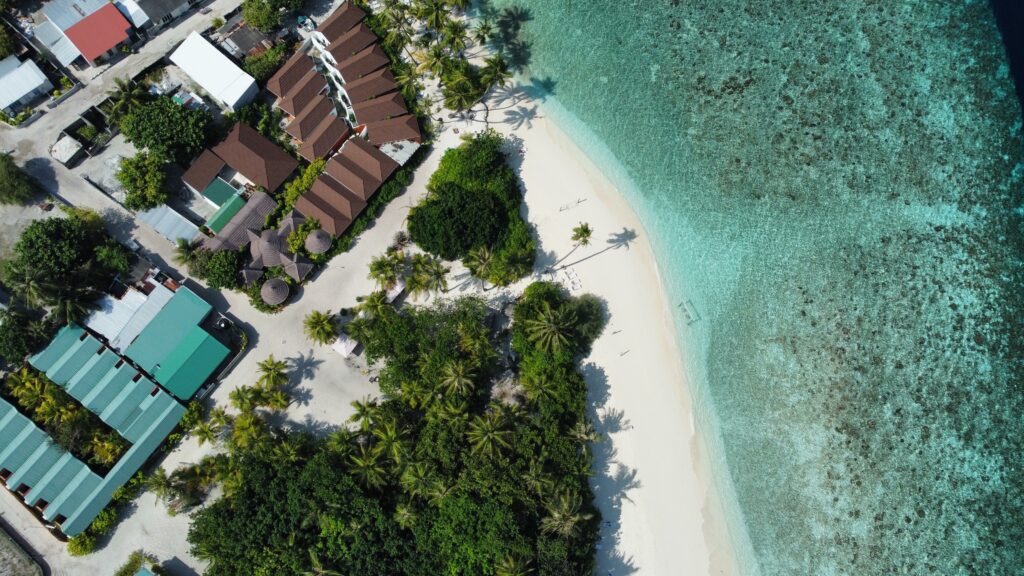 Aerial view of Sabba Beach Hotels and the pristine bikini beach area, offering the best\experience at Maldives.