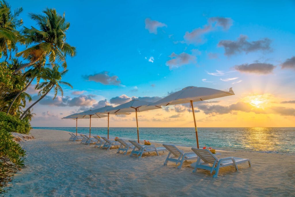 Bikini beach area near Sabba Beach Hotels with sunbeds, perfect for relaxing in the Maldives.